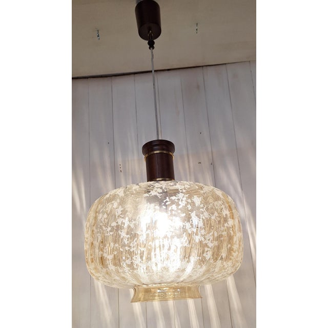 1980s Vintage Ceiling Lamp with Amber-Tinted Glass Shade on Mahogany and Brass Mount, 1980s For Sale - Image 5 of 7
