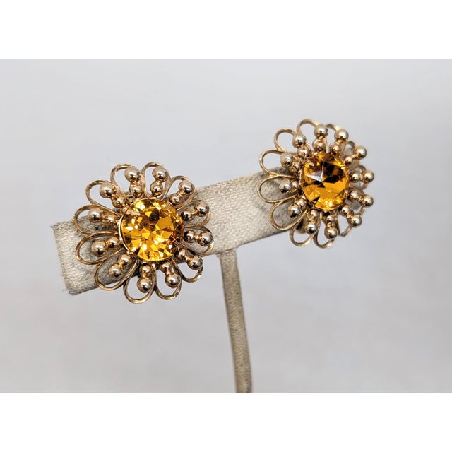1950s Vintage 1950s Signed Napier Goldtone Faux-Citrine Flower Clip Earrings For Sale - Image 5 of 7