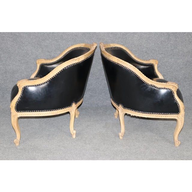 Wood Paint Decorated Walnut Leather French Louis XV Style 1950s Era Bergere Chairs For Sale - Image 7 of 15