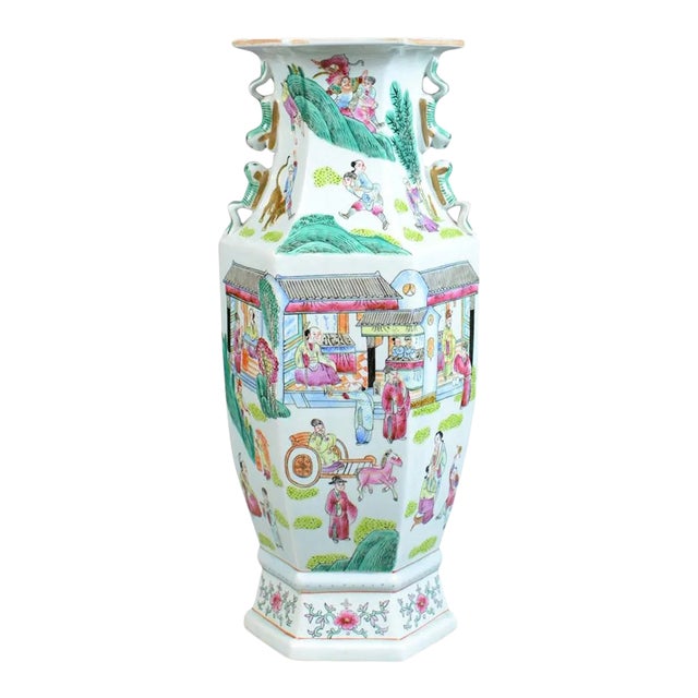 Mid-20th Century Chinese Hexagonal Ceramic Baluster Vase For Sale