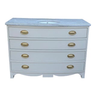 Vintage Bow-Front Dresser Bathroom Vanity With Marble Top & Brass Hardware -White Pearl Quartzite For Sale