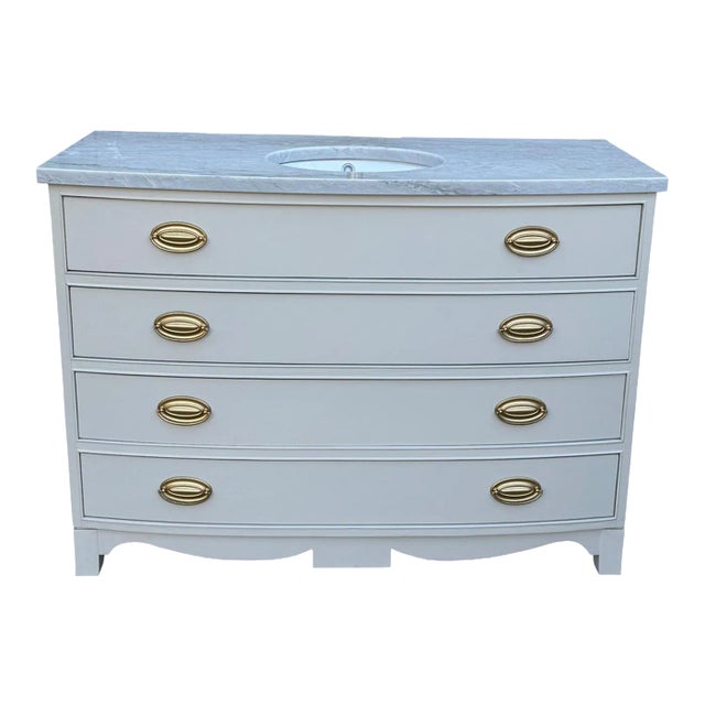 Vintage Bow-Front Dresser Bathroom Vanity With Marble Top & Brass Hardware -White Pearl Quartzite For Sale