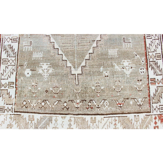 Kurdish Antique Runner With Tribal Design in Light Green, Taupe & Orange-Red 3'6 X 10'9 For Sale - Image 9 of 13