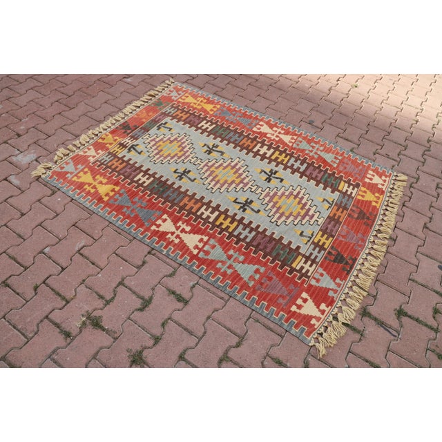 1960s Turkish Traditional Tribal Design Red Hand Knotted Oushak Kilim Rug Size: 4.6 x 5.8 ft (140 X 176 cm) 55 x 69 inches...