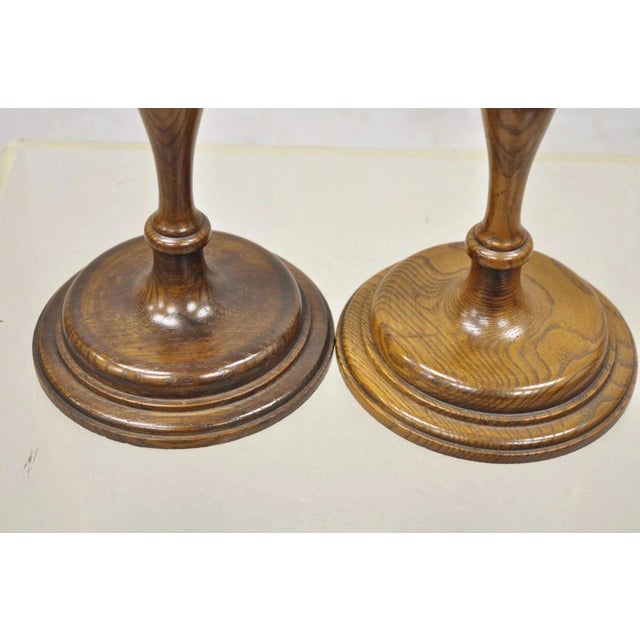 Mid 20th Century Vintage Italian Renaissance Jacobean Turn Carved Oak Wood 18.5" Candlestick Pair For Sale - Image 5 of 10