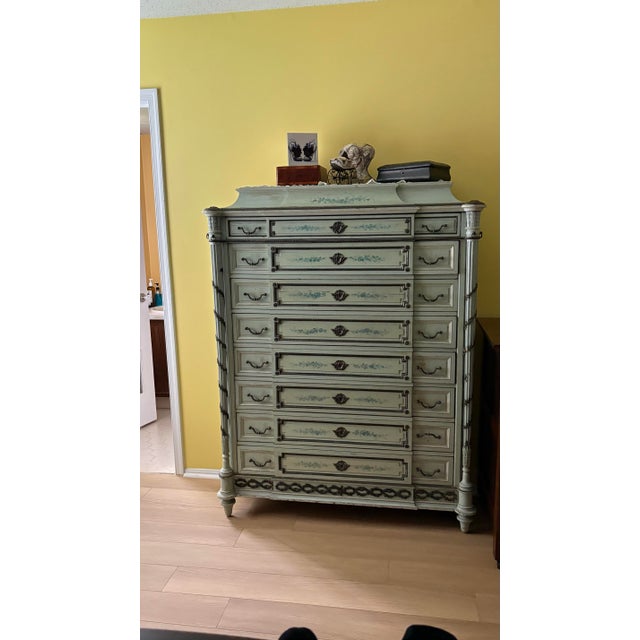Magnificent and rarest French Semainier with 8 drawers . Painted lighter green with scroll detailing works and iron...