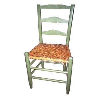 1920-30 Americana/Country Rustic Ladderback Small Side Chair, Painted Wood in Colonial Green With Woven Rush Seat For Sale