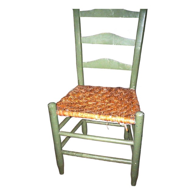 1920-30 Americana/Country Rustic Ladderback Small Side Chair, Painted Wood in Colonial Green With Woven Rush Seat For Sale