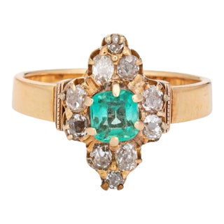 Late 19th Century Antique Victorian Emerald Diamond Ring 18k Yellow Gold Vintage 5.5 size 5.5 For Sale