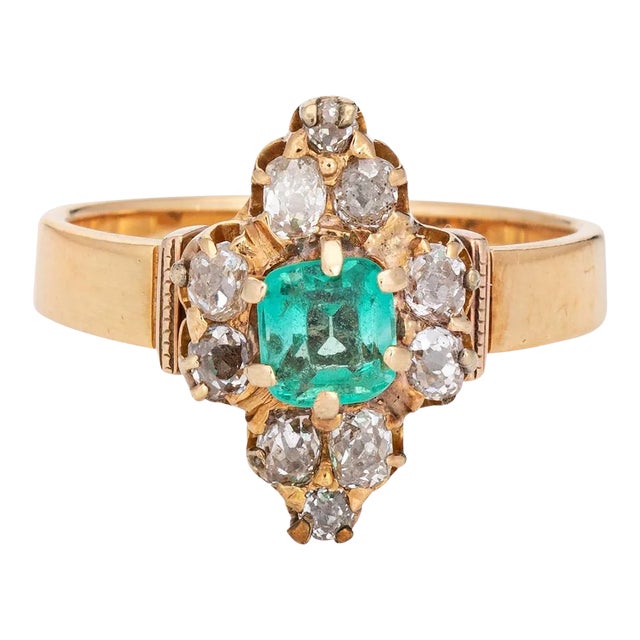 Late 19th Century Antique Victorian Emerald Diamond Ring 18k Yellow Gold Vintage 5.5 size 5.5 For Sale
