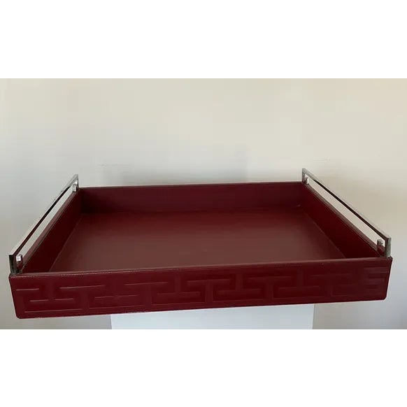 2000s Global Views Red Leather Embossed Tray With Metal Handles For Sale - Image 11 of 11