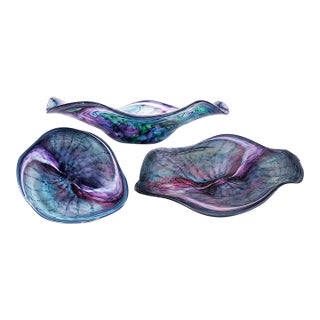 Huge 25" Hand-Blown Art Glass Wave Bowl Signed by H. Jensen & Wildfire 3 Views For Sale