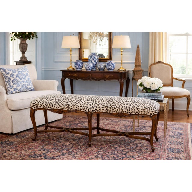Wood Mid-Century Italian French Louis XV Style Carved Fruitwood Bench Leopard Velvet For Sale - Image 7 of 7