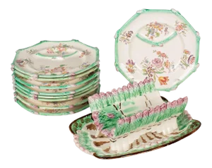 Longchamp French Majolica Asparagus Plates and Serving Set