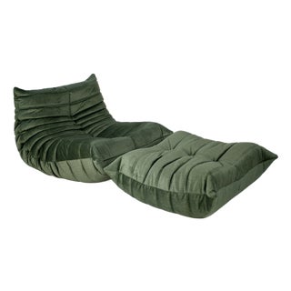 Set of Togo Lounge Chair and Ottoman in Moss Velvet by Michel Ducaroy for Ligne Roset, 1973 For Sale