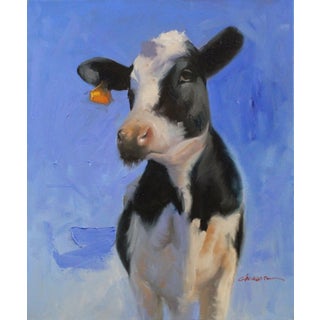 Black Cow by Ali Ghassan | Oil Painting of a black and white cow against a blue background For Sale