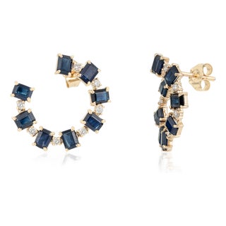 4.07ct Sapphire Diamond Geometric Open Hoop Earrings in 14k Yellow Gold- A Pair For Sale