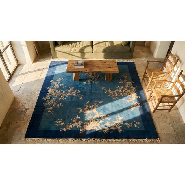 1925 Blue Multicolor Floral Antique Chinese Art Deco Rug 6'2"x8'10" Wool Carpet For Sale - Image 11 of 12