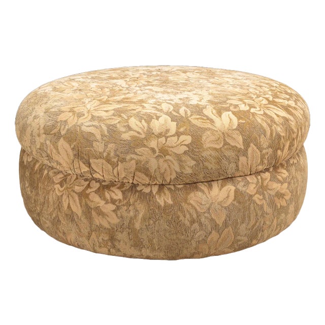 1990s Large Overstuffed Round Floral Upholstered Ottoman on Casters For Sale
