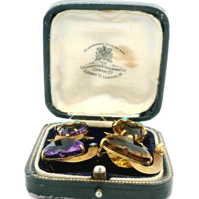 1950s Mid-Century 18k Gold Amethyst, Citrine and Turquoise Cat Brooch Pair For Sale - Image 12 of 12