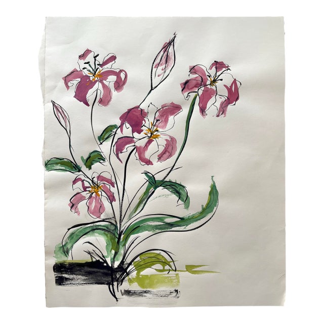 Vintage Floral Watercolor on Paper For Sale