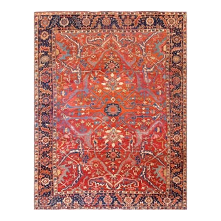 Eye-Catching Red-Raspberry Background Color With Traditional Serapi Style Antique Persian Rug For Sale