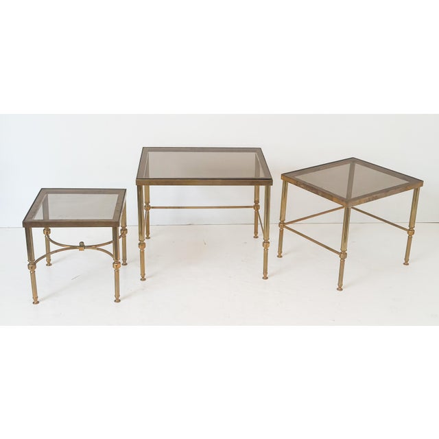 French French Nesting Tables of Brass With Smoked Glass For Sale - Image 3 of 18