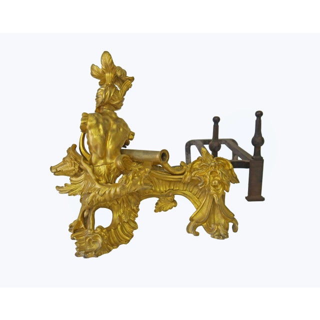 AN IMPORTANT PAIR OF 18th C. FRENCH LOUIS XV ORMOLU CHENETS. Each cast as military trophy, one with the feathered Turban,...