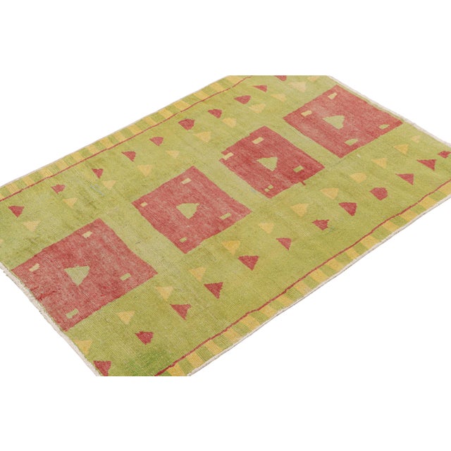 Rug & Kilim Vintage Zeki Müren Rug in Green, Red and Gold Geometric Patterns by Rug & Kilim For Sale - Image 4 of 7