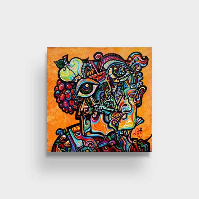 This is a one-of-a-kind original cubist painting by San Diego artist, Alexander Arshansky. Its dimensions are 12"x12"x2"....