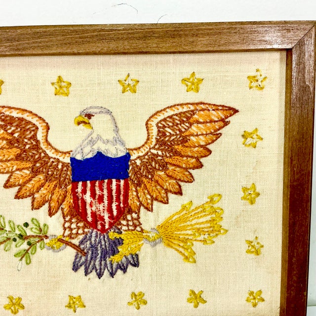 1930s Vintage Boho Chic Americana Patriotic Eagle Needlepoint Yarn Sampler, Framed For Sale - Image 10 of 11