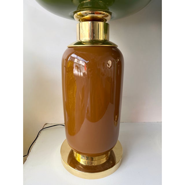 Contemporary Pair of Brass and Green Murano Glass Bulb Shade Lamps, Italy For Sale - Image 12 of 12