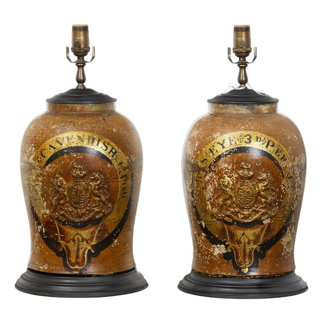Pair of 1880s English Stoneware with Coat of Arms Made into Wired Table Lamps For Sale