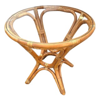 Restored MCM Modernist Rattan Hourglass Round End Table W/ Glass Top For Sale