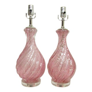 Pair of Vintage Rose Murano Glass Lamps For Sale