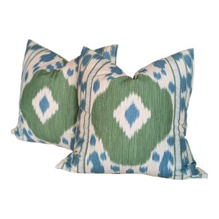 Brunschwig & Fils Varkala Ikat 22" Pillows in Teal and Green For Sale
