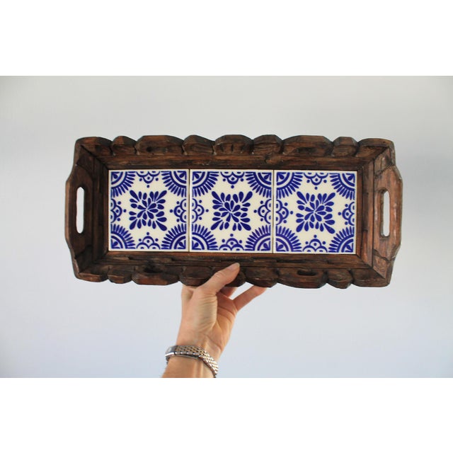 Mexican Vintage Hand Carved Mexican Wood and Ceramic Tile Tray For Sale - Image 3 of 9