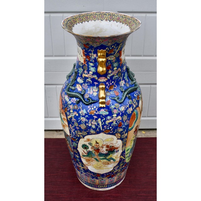 Wood 42 Chinese Floor Vase Famille Rose Gilt Dragon Handles Sanxing Star Gods For Sale - Image 7 of 16