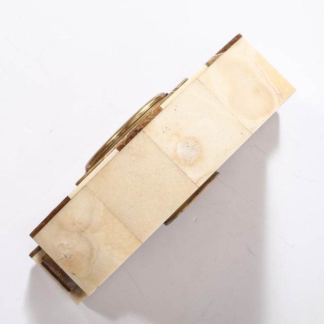 Art Deco Mantlepiece Clock in Tessellated Ice Sugar & Cream Onyx W/ Gilt Bronze For Sale - Image 12 of 15
