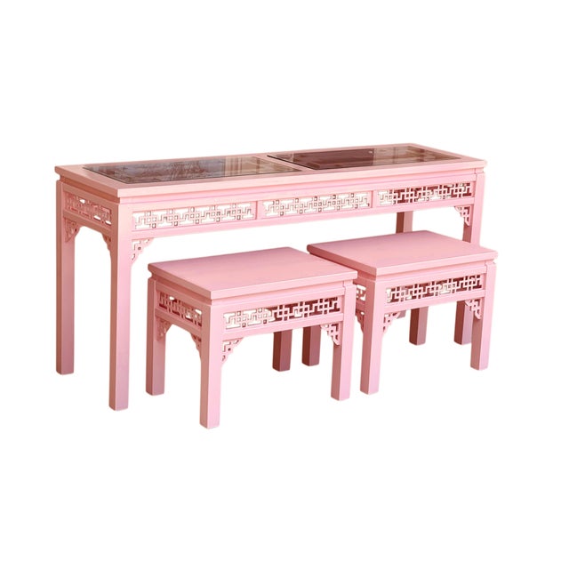 Pink 1980’s Chinese Chippendale Fretwork Sofa/Console Table For Sale - Image 8 of 17