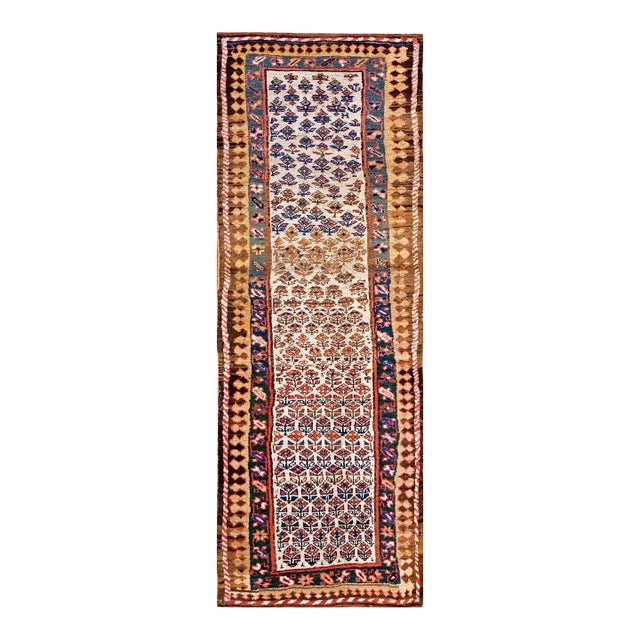 1890s Ivory Floral Tribal Antique Persian Kurdish Rug 3'4" X 9'4" Handknotted Wool Carpet For Sale