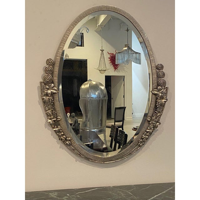Art Deco French Art Deco Oval Nickel Beveled Mirror For Sale - Image 3 of 8