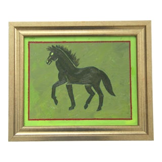 Horse Minimalism English Traditional Folk Art Abstract Green Original Oil Painting by Cleo Plowdn For Sale