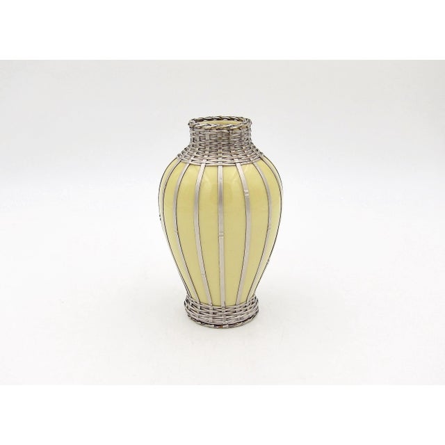 Yellow Vintage Meiji Japanese Art Pottery Vase With Silver Basketweave Wire Overlay For Sale - Image 8 of 8