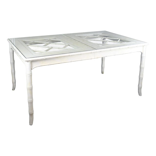 Fretwork Faux Bamboo White Dining Table For Sale