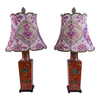 Madcap Cottage Orange-Red Chinoiserie Ceramic Table Lamps With Custom Shades, Pair For Sale