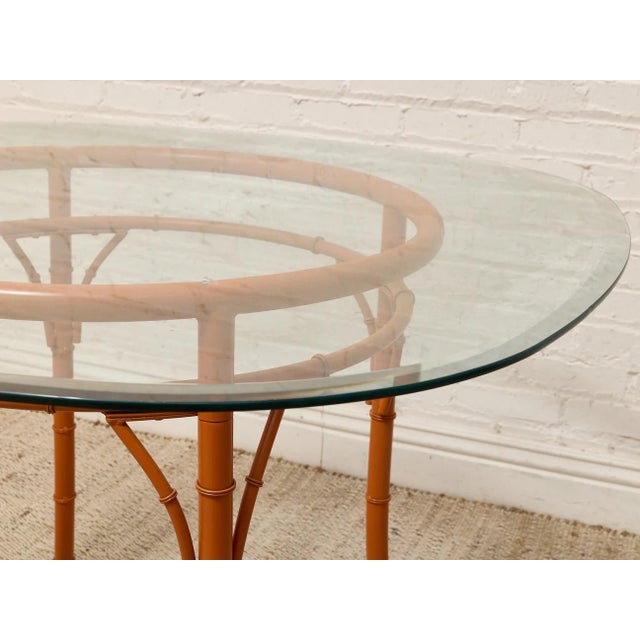 Vintage Bamboo-Style Orange Round Dining Table With Glass Top For Sale - Image 4 of 10
