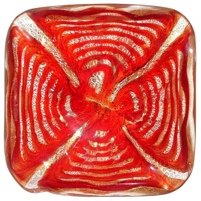 Barovier & Toso Murano Vintage Barovier Toso Red Spiderweb Gold Flecks Italian Art Glass Mid Century Bowl Ashtray For Sale - Image 4 of 4