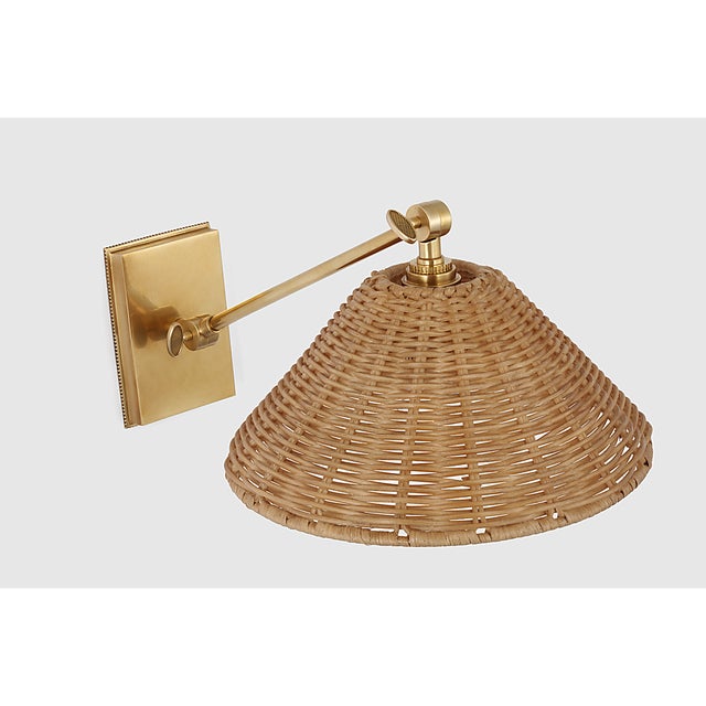 Visual Comfort Marie Flanigan for Visual Comfort Signature Wimberley Single Library Wall Light in Soft Brass with Natural Wicker Shade For Sale - Image 4 of 7