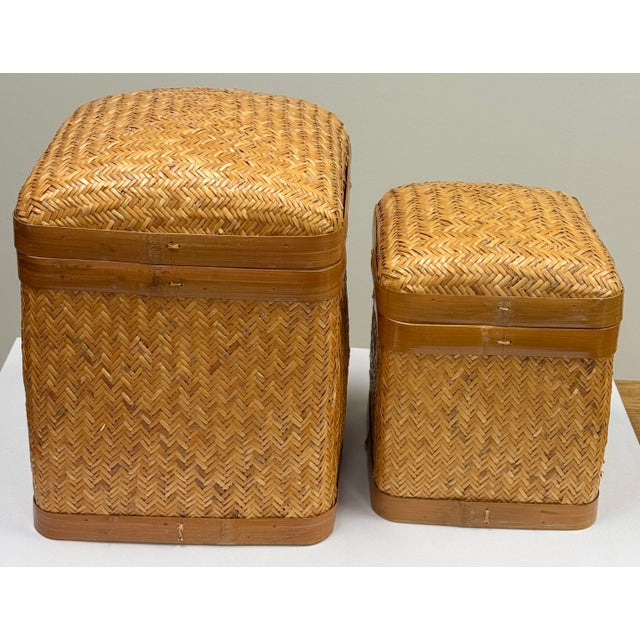 Vintage Lidded Woven Wicker Nesting Baskets, Pair For Sale - Image 4 of 5